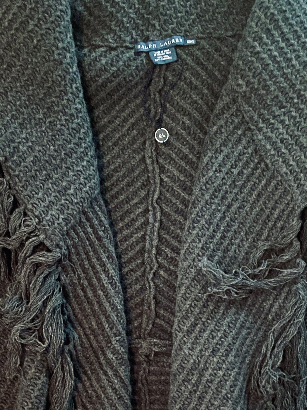 Ralph Lauren Blue Italian Yarn Wool Cashmere Fringe Poncho Cardigan Sweater XS/S